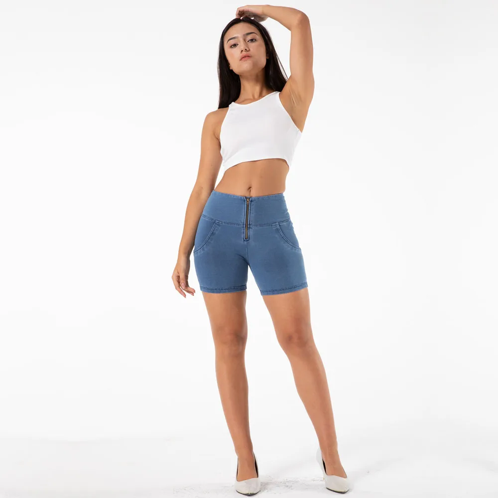 Shascullfites Melody High Rise Light Blue Women's Athletic Jeans Shorts Skinny Fit Push up Denim Short Pants for Summer