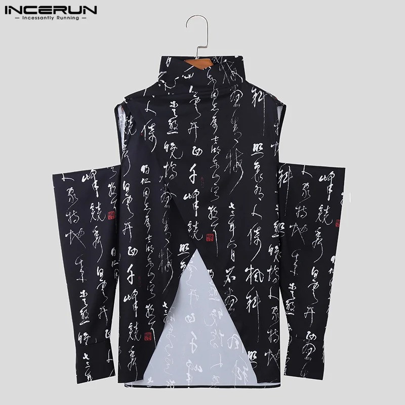 Men Shirt Printing Turtleneck Off Shoulder Long Sleeve Streetwear Irregular Shirts Men 2024 Loose Fashion Casual Camisas INCERUN