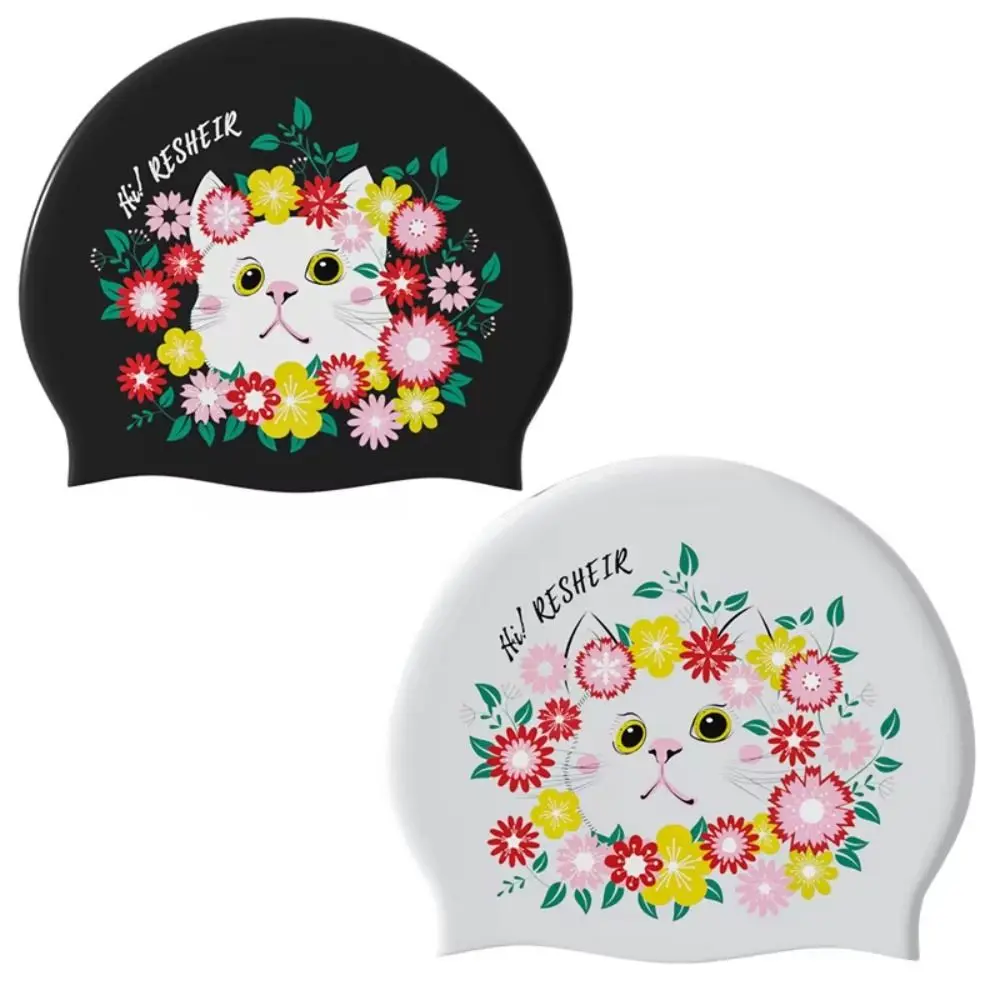 Large Size Swimming Caps Long Hair Ear Protection Silicone Swim Caps Fashionable Printed Waterproof Cartoon Cat Swim Caps Adult