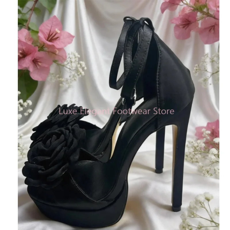 

Red Satin Rose Peep Toe Platform Ankle Strap Sandals Women Solid Cover Heel Thin High Heels Luxury Fashion Party Flower Shoes