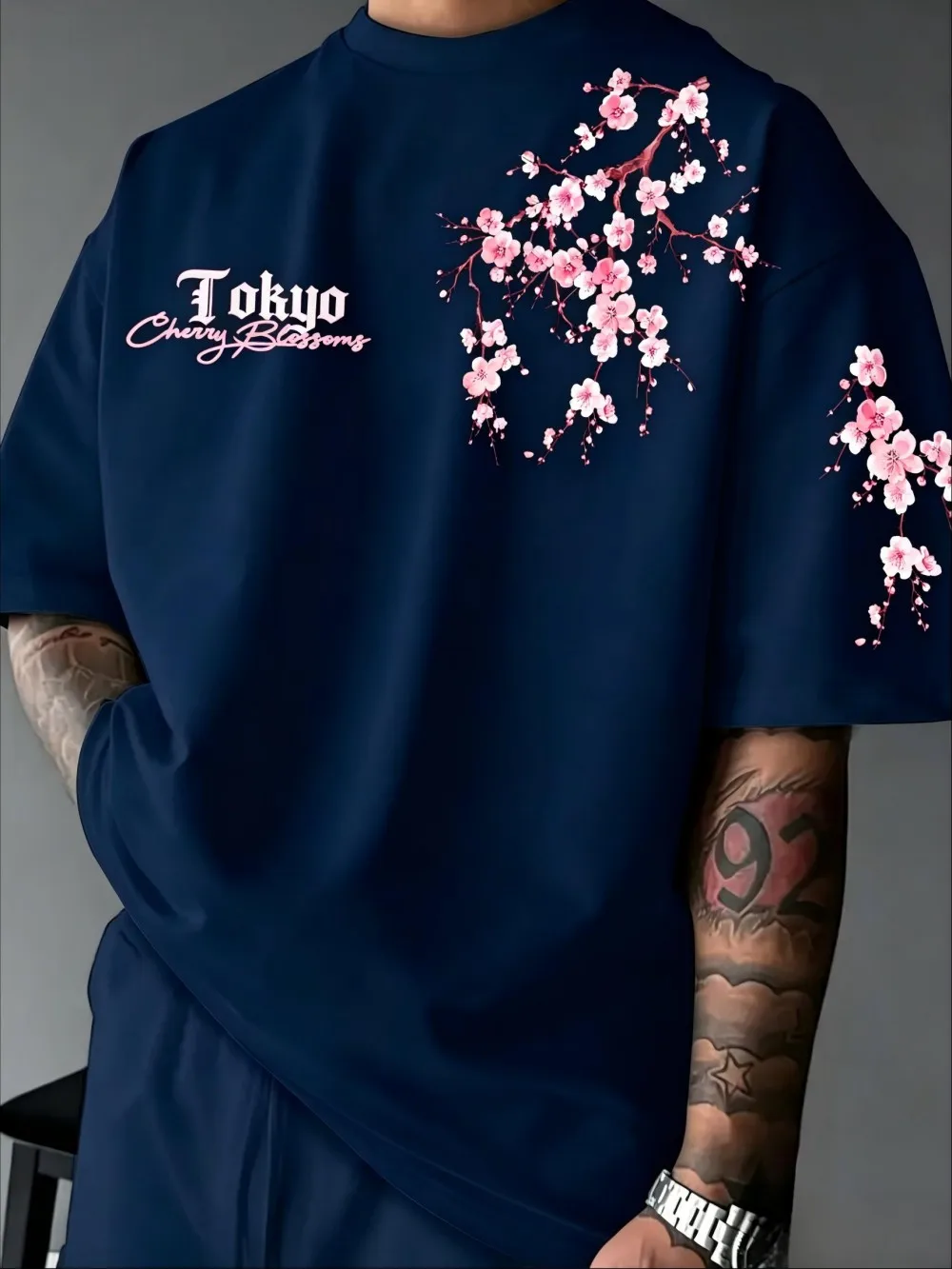 Hot Selling New Men's Summer Personalized Letter Cherry Blossom Print Soft and Breathable Round Neck T-Shirt Outdoor Casual Top