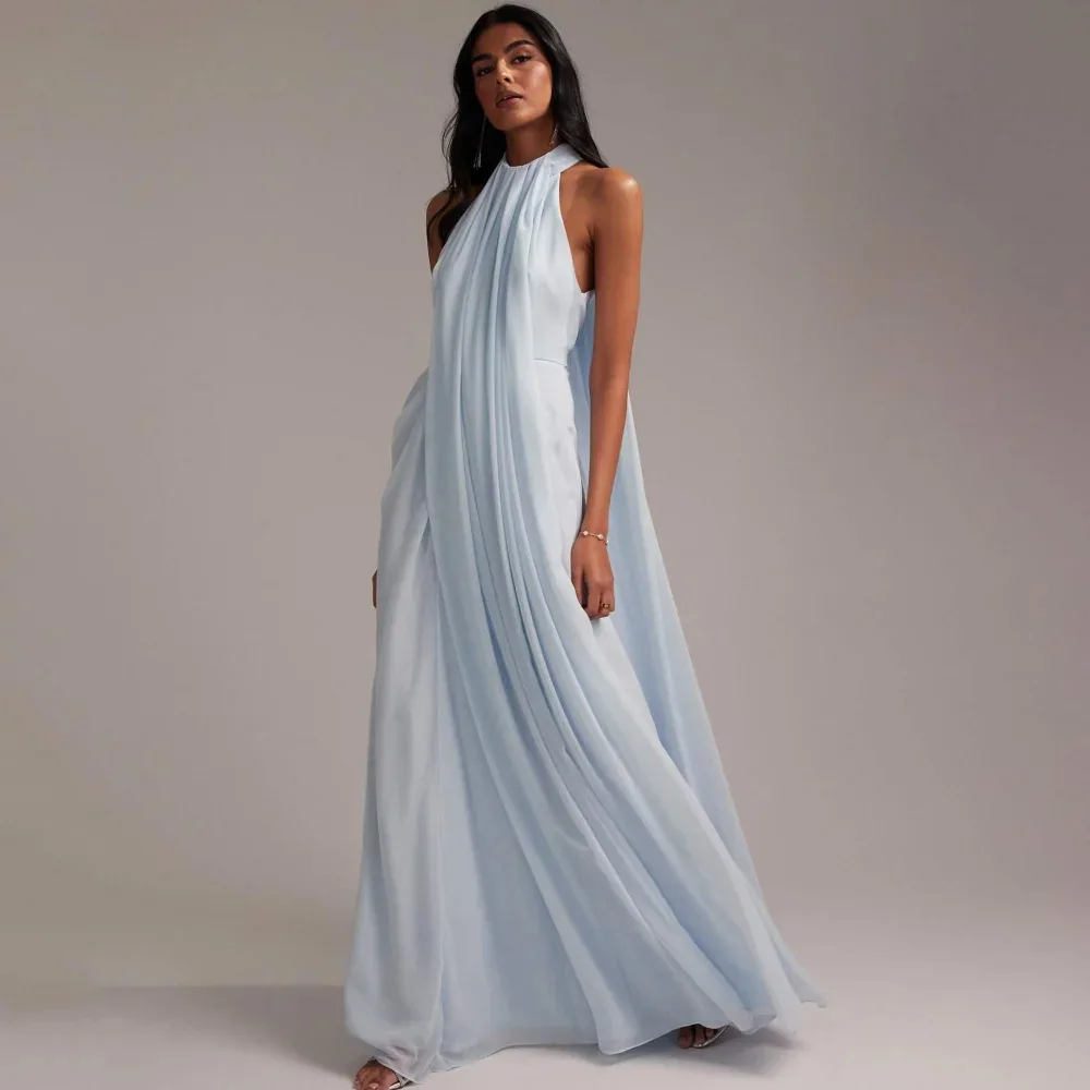 

Customized Elegant Chiffon A-Line Evening Dress High Quality Sleeveless Halter Floor Length Party Gowns Dubai Arab Ball Robe