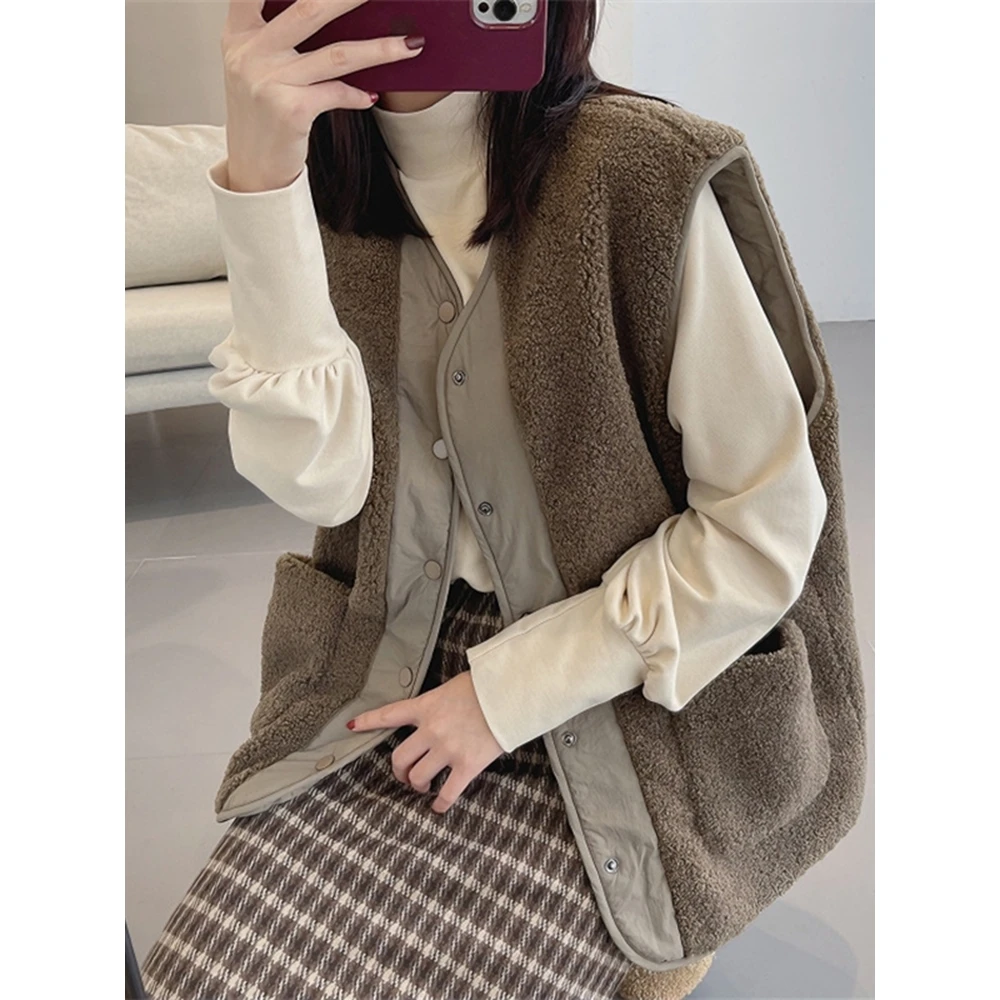 Lamb Fur Vest Women's Autumn Winter New Style Single Button Double Sided Wear Shoulder Jacket Outerwear Commute Style Polyest...