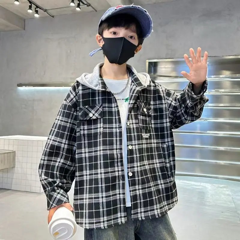 Boys' printed hooded checked shirt jacket Spring/Autumn 2026 Korean-style trendy long-sleeved top for middle school children