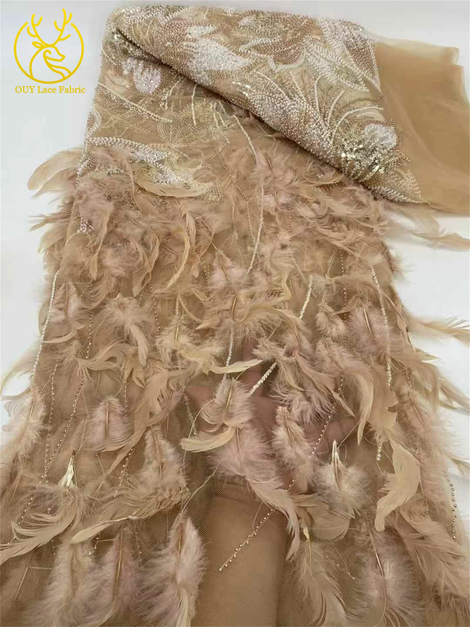 Luxury Handmade Feather 3D Feather Embroidery French Sequin Lace African Nigerian Bridal Lace Fabric Evening Dress Wedding