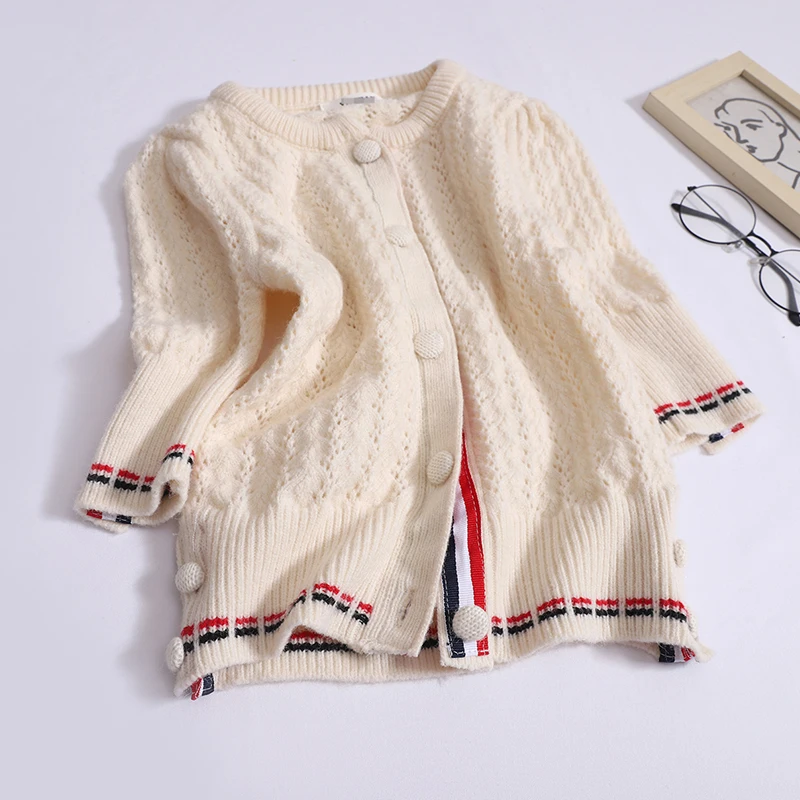 Short-sleeved sweater women's new spring knitting coat cardigan color striped ribbon design sweaters academic style