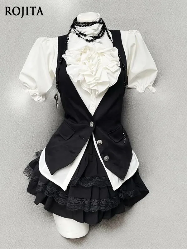 Gothic Lolita 3 Piece Outfit Puff Sleeve Blouse Vest Lace Ruffle Skirt Set 2026 Summer New Shirt + Skirt + Vest Three-piece Set