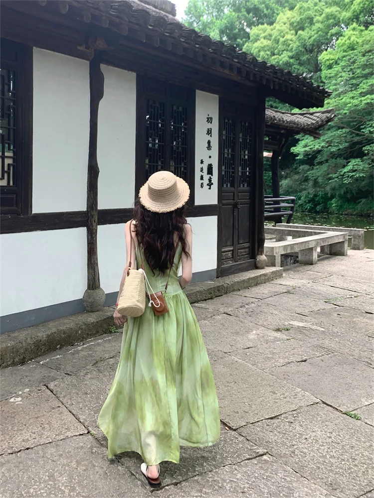 Fresh Light Green Printed V-neck Holiday Dress for Women Gentle Versatile Long Camisole Vestidos Sweet A-line Summer Dresses