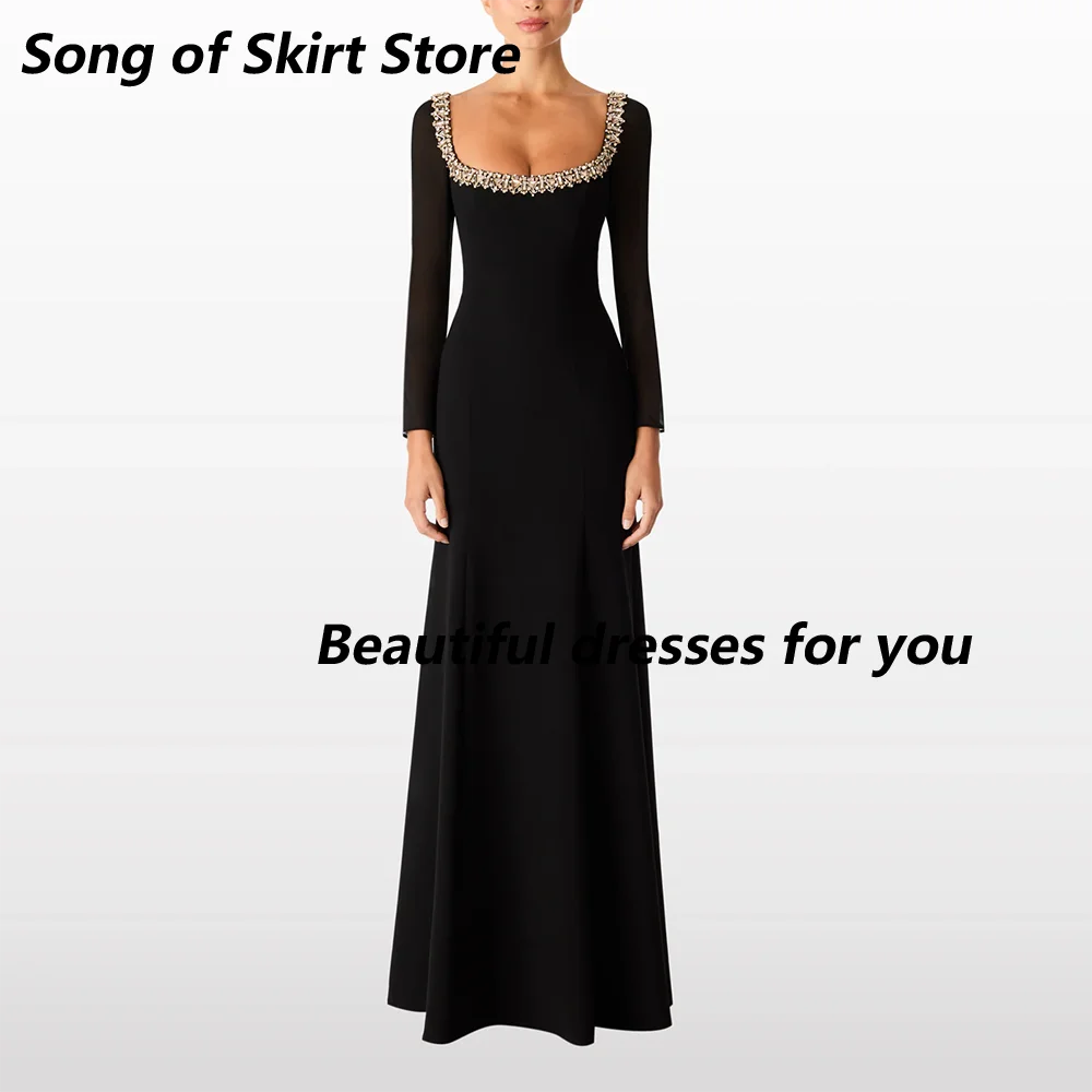 

Black Formal Evening Dresses for Women Crystal Square Neck Long Sleeves Wedding Guest Gowns Mermaid Party Dress 2025 Customized