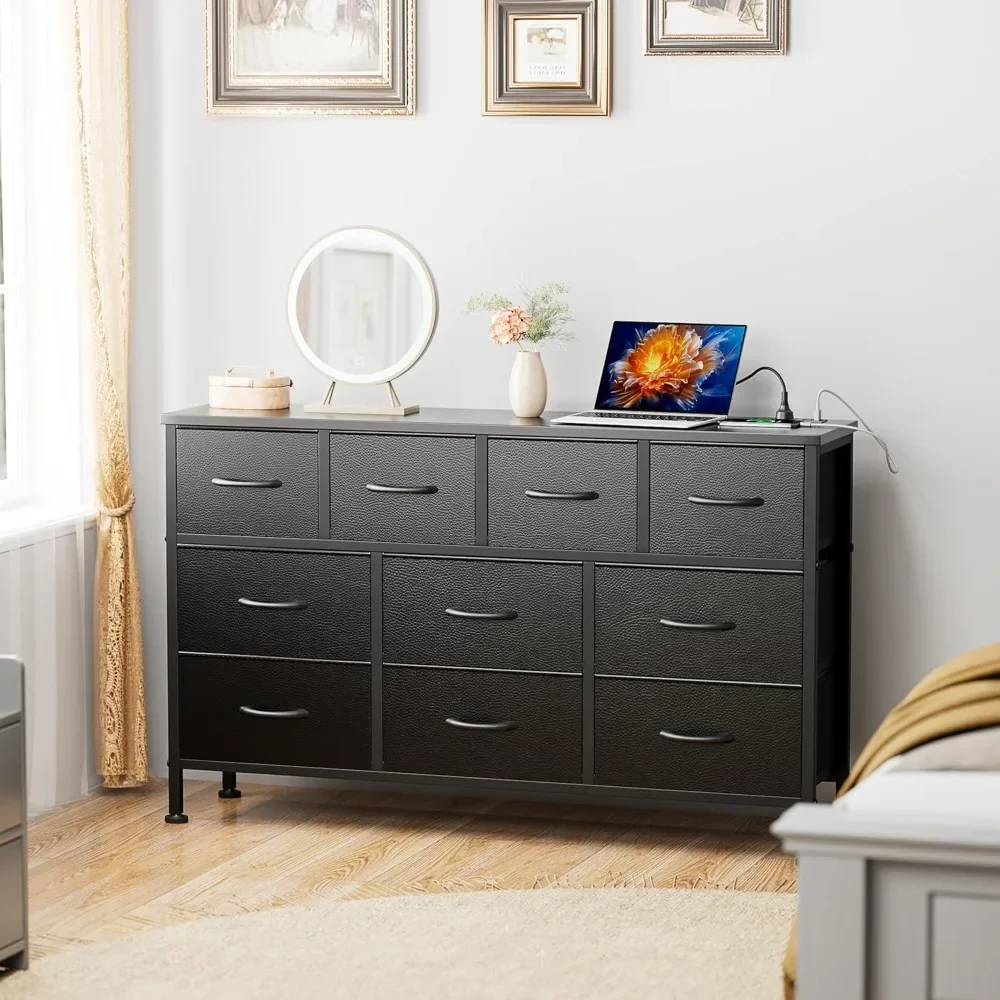 10 Drawers Dresser for Bedroom with Wide Chests of Drawers,TV Stand Dresser for Bedroom with Charging Station, Fabric