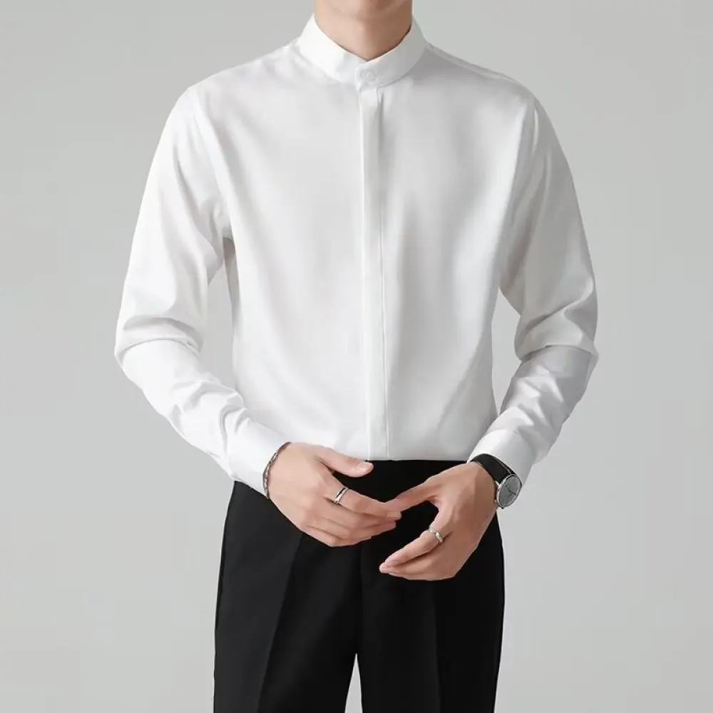Mens Long Sleeve Shirt New Chinese Style Stand Collar Casual Loose Fit Spring Autumn Trendy Social Business Blouse