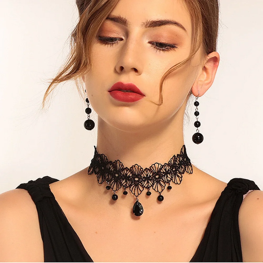 Party Jewelry Gothic Black Beaded Flowers Sexy Lace Neck Choker Necklace Vintage Tassel Chain Women Steampunk Halloween Jewelry image 5