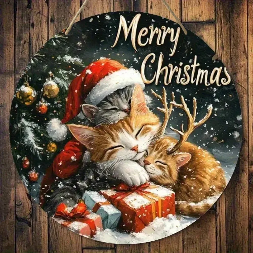 2D kreisförmiges „Merry Christmas“-Schild aus Holz, Weihnachtsmütze mit Katzen- und Rentiermustern, geeignet für die Dekoration der Veranda im Zuhause