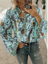 Spring Autumn New Women's Fashion Printed Shirt Button Long Sleeve Stand Up Collar Casual Comfortable Loose Shirt