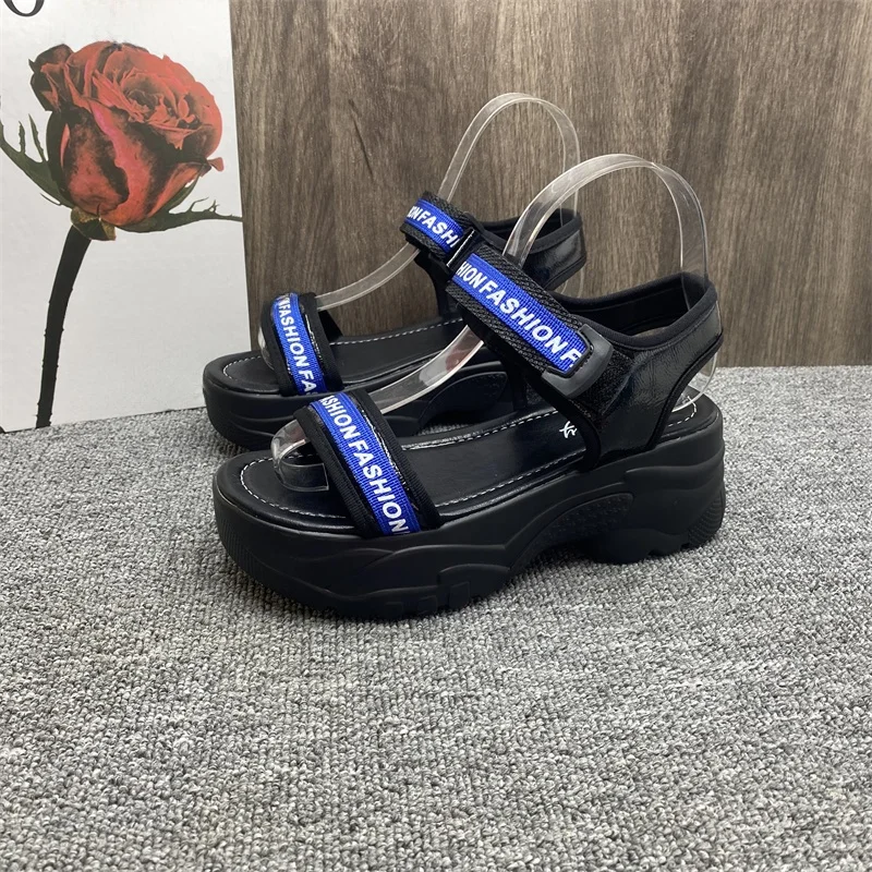 

Real Leather Thi Bot Platform Slippers Women's Summer Casual oes Magic Tape Easy Wear round Toe mid Heel Sandals