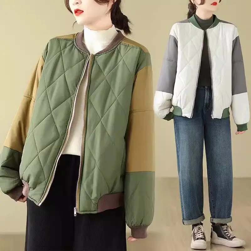 

Outerwear 2024 Autumn And Winter Patchwork Color Contrast Loose Casual Korean Cotton Jacket Baseball Coat Women Z4866