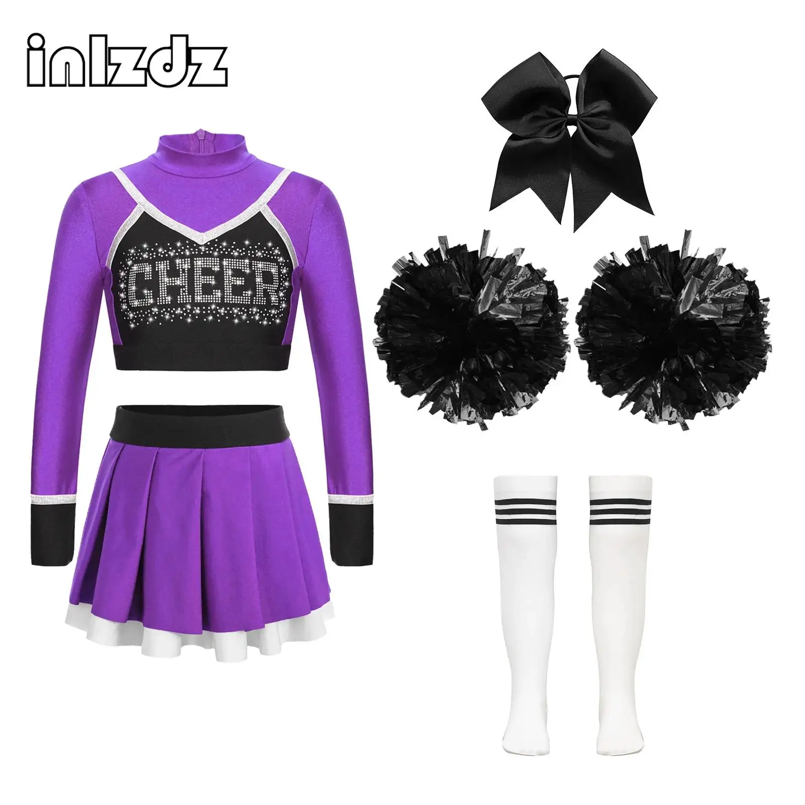 Kids Cheerleading Costume Schoolgirls Cheerleader Dance Uniform Rhinestones Crop Top with Pleated Mini Skirt Dancewear Set