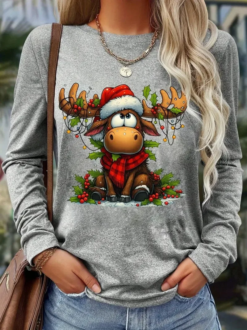 T-shirt à manches longues pour femmes, imprimé renne de noël, imitation coton doux, col rond, haut à la mode, vêtements de fête de vacances décontractés