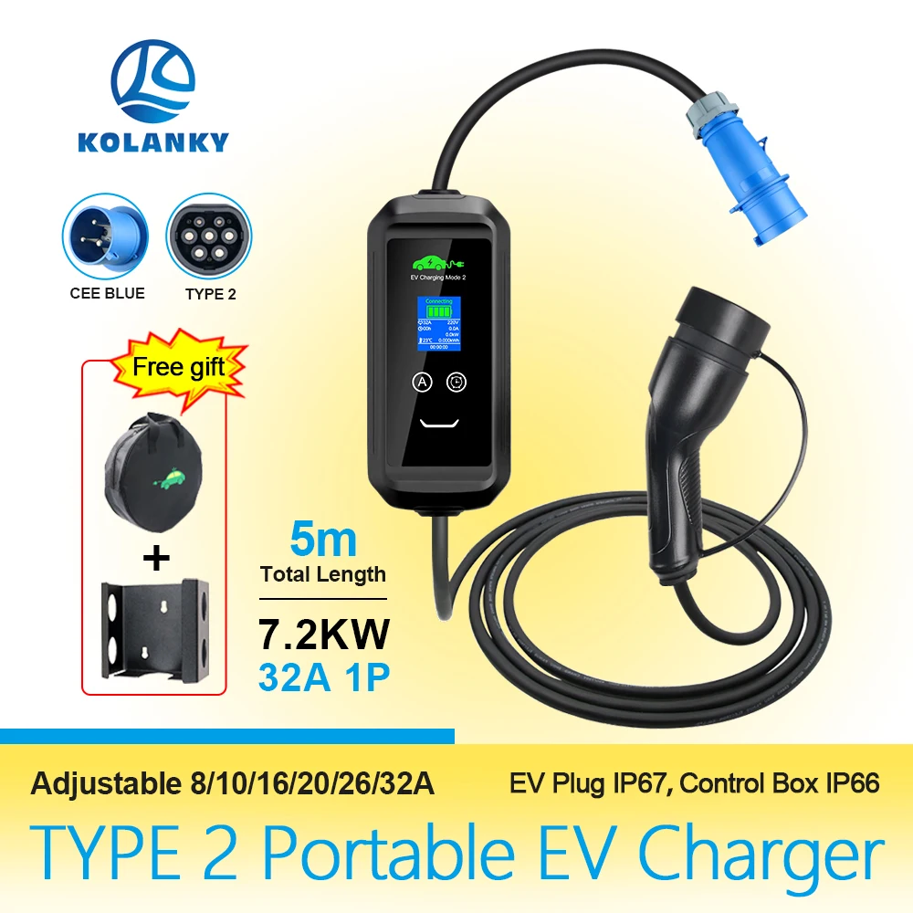 

Portable EV Charger 8/10/13/16/26/32A 7KW Type 2 Plug Charging For Hybrid Eletric Vehicle Cars Total 5M