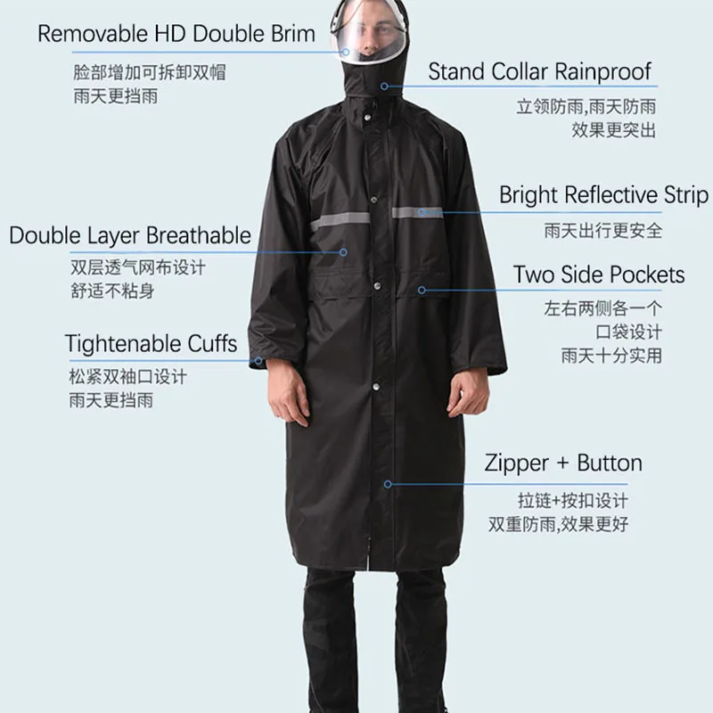 Thickened Long Men\'s Waterproof Raincoat Black Fashion Adult One Piece Rain Coat Overalls Hooded with Mesh Lining Rain Poncho