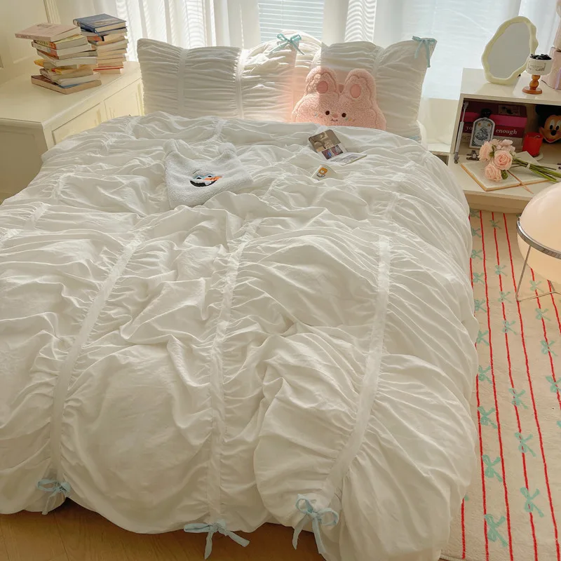 Solid Color Pleated Textured Soft Breathable Chic Princess 4pcs Bedding Set, Delicate Bows Twin Duvet cover Bed sheet Pillowcase