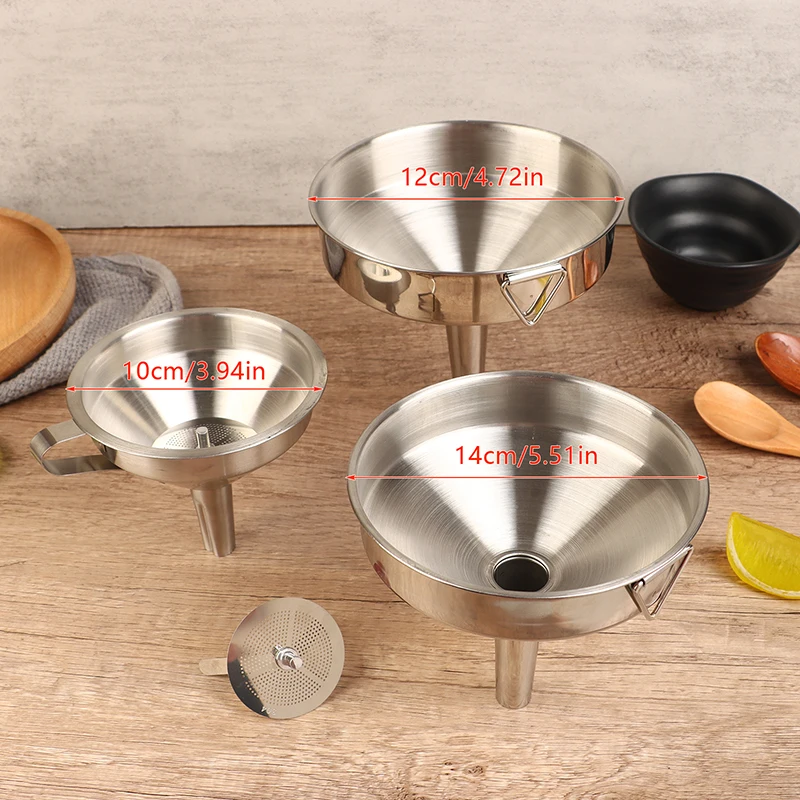 Embudo de acero inoxidable 304 para cocina, dispensador de aceite, vino y líquido con colador extraíble de malla, 10cm, 12cm, 14cm