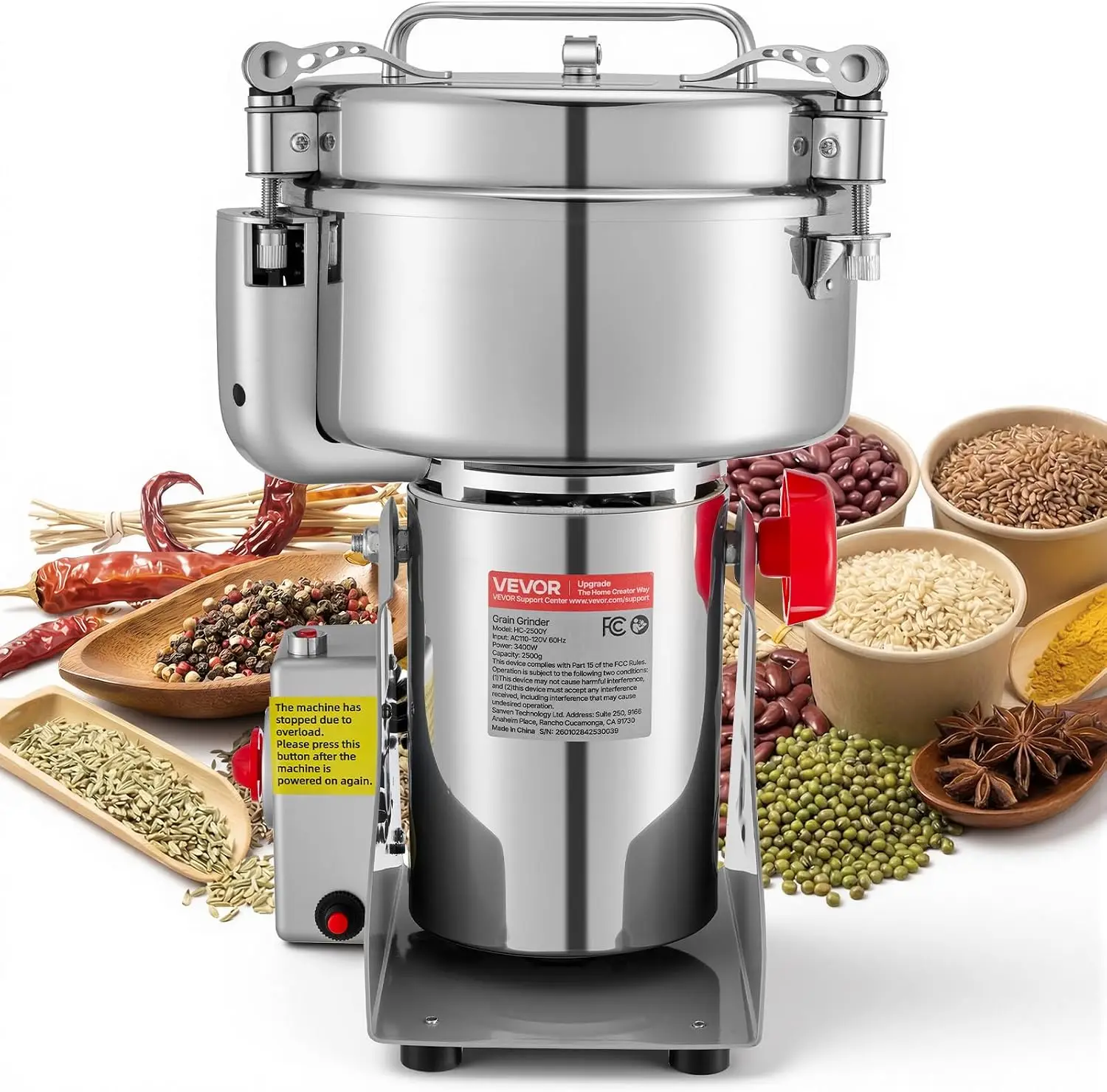 Electric Grain Mill Grinder, 3400W 2500G Spice Corn Dry Grinding Machine, 32000RPM High Speed Stainless Steel Pulverizer Powder