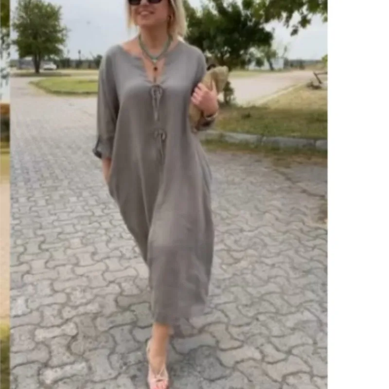 2025 Autumn Solid Maxi Dresses For Women Casual Loose Long Sleeve V Neck Button Streetwear Vacation Basic Dress Vestido Elegante
