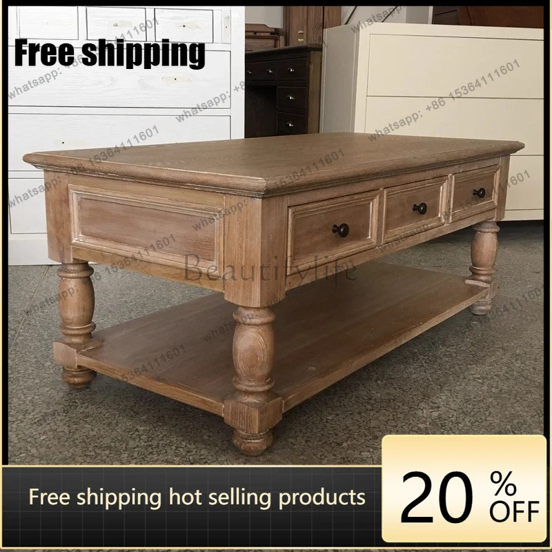Factory Direct French Solid Wood Long Coffee Table Weathered White Retro Oak Tea American Coffee Furniture Storage Table