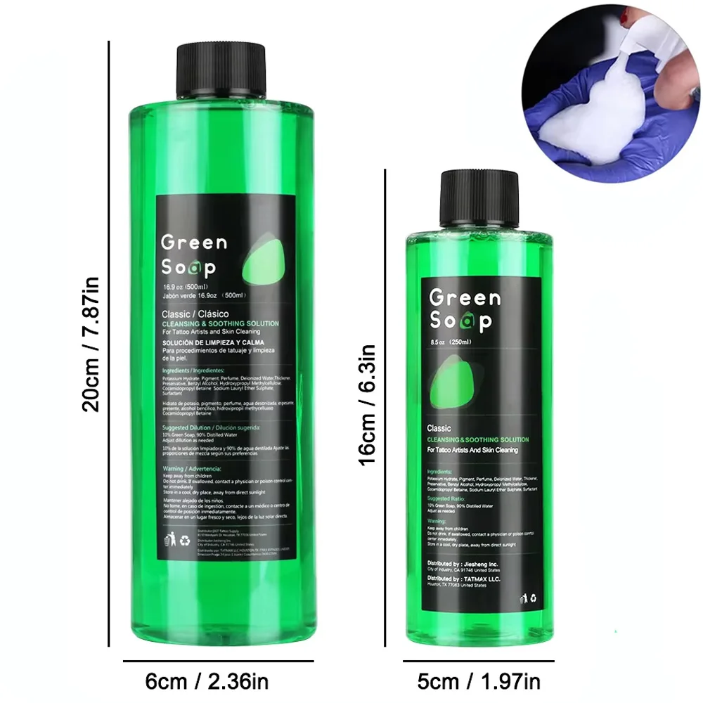 500/250ML Tattoo Green Soap Concentrated Tattoo Cleaning Soap Green Algae Soap with Foam Pump Bottle Tattooing Piercing Supplies