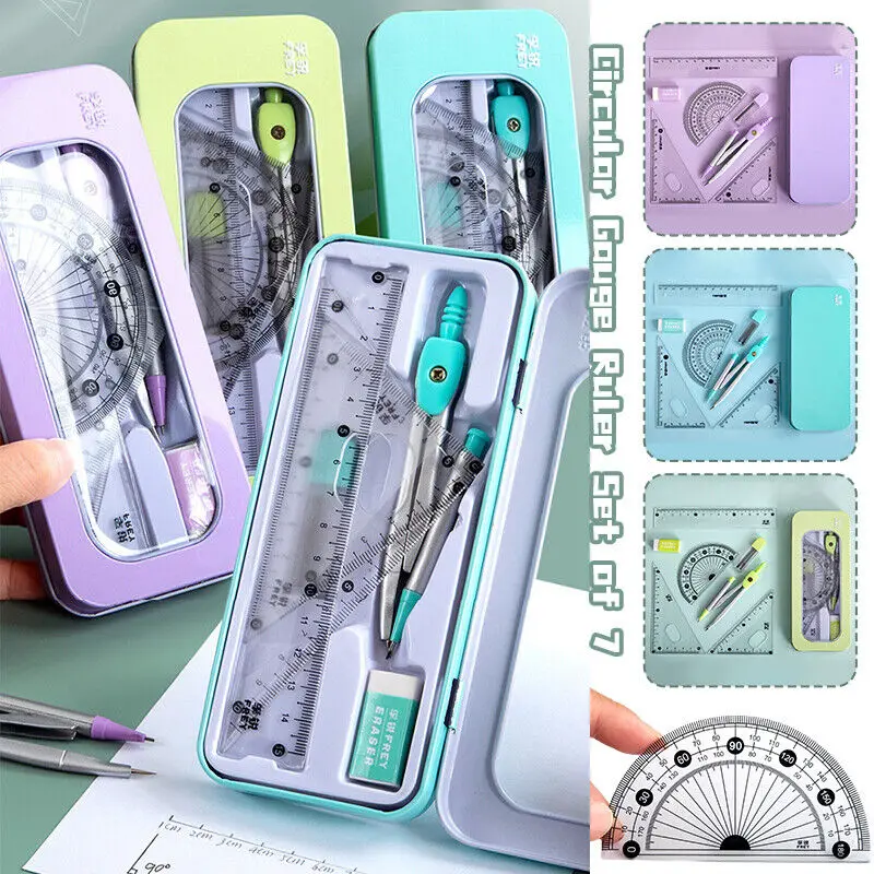 7Pcs Set Mathematical Rulers Set MultiFunction Professional Compass Ruler Geometric Drawing Protractor Ruler Measuring Tool