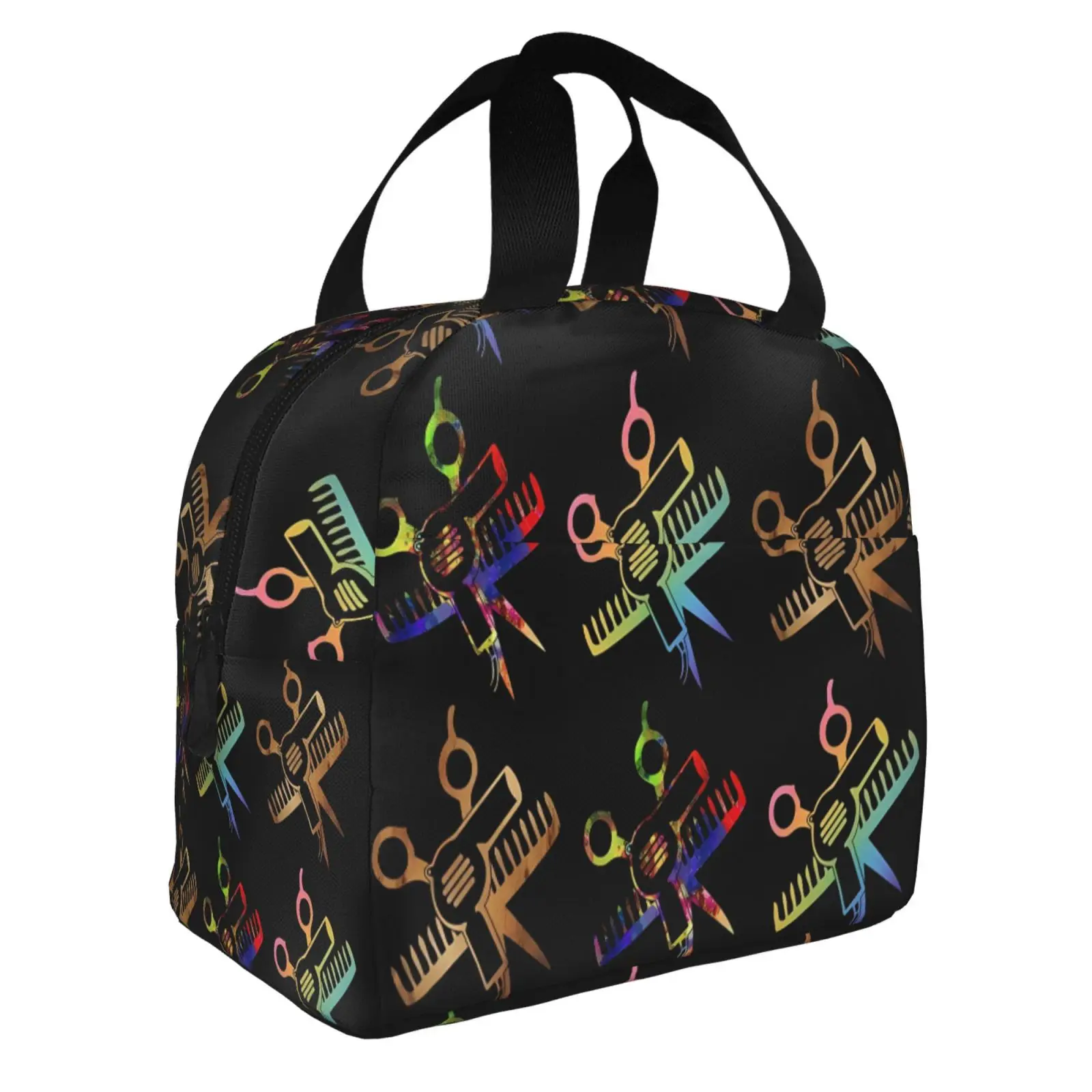 Scissors and Comb Hair Stylist Pattern Lunch Tote Bag Insulated Leakproof Lunch Box Container with Front Pocket for Girls Boys