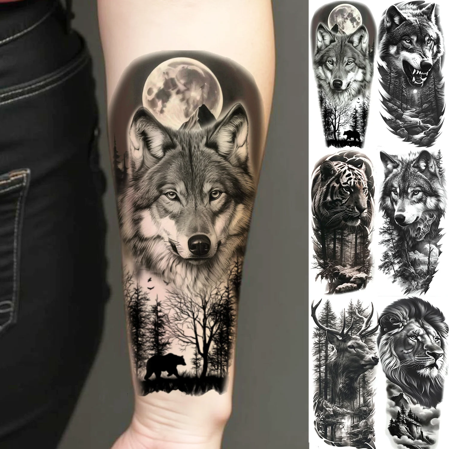 

1 Sheet Forest Wolf Tiger Deer Temporary Tattoos For Men Women Adults Arm Leg Tatoos Long Lasting Waterproof Fake Tattoo Sticker