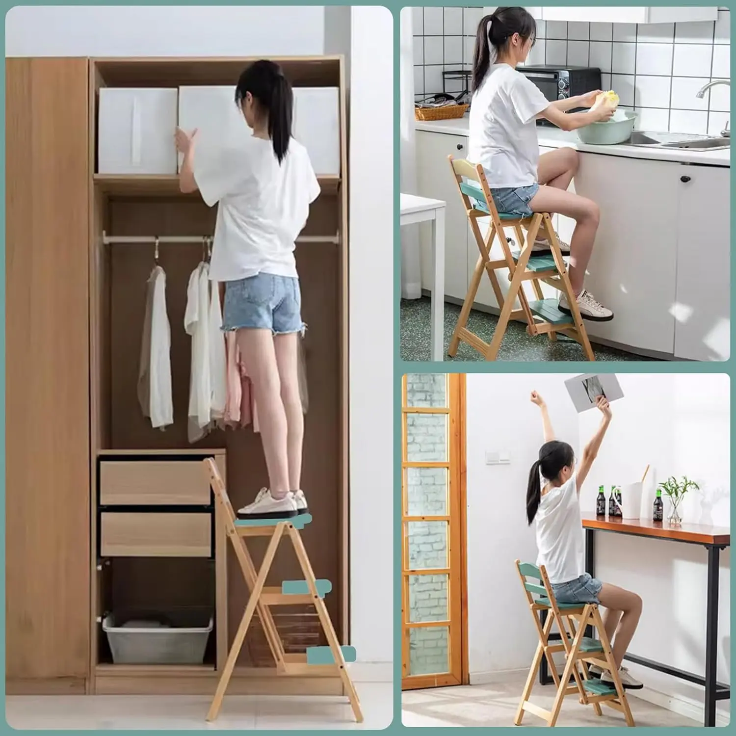 Taburete de Bar plegable, taburete portátil multifunción de 3 escalones para adultos, escalera de madera maciza para el hogar, cocina, estante de almacenamiento de baño