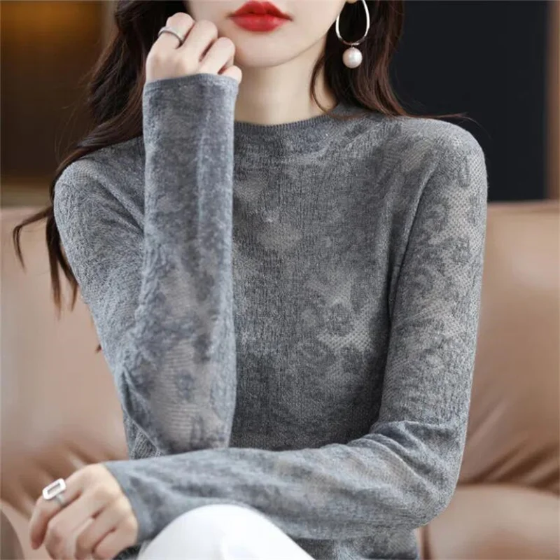 Lace Hollow knitted Sweater Women Thin Jumpper Top Autumn Woman Tee Solid Color Bottoming Half Turtleneck Simple Female Sweater