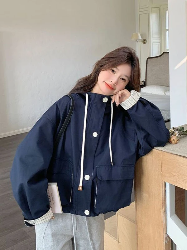 

plus Size 300 Pounds Women's Short Hooded Jacket Coat with Big Pockets Spring Casual Loose Fit Korean Style Pear Body Type