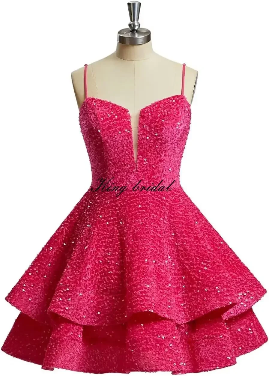 Pretty Girls Club – robe de soirée courte à paillettes scintillantes pour adolescentes, bretelles Spaghetti, Mini robe de bal formelle à plusieurs niveaux, 2025