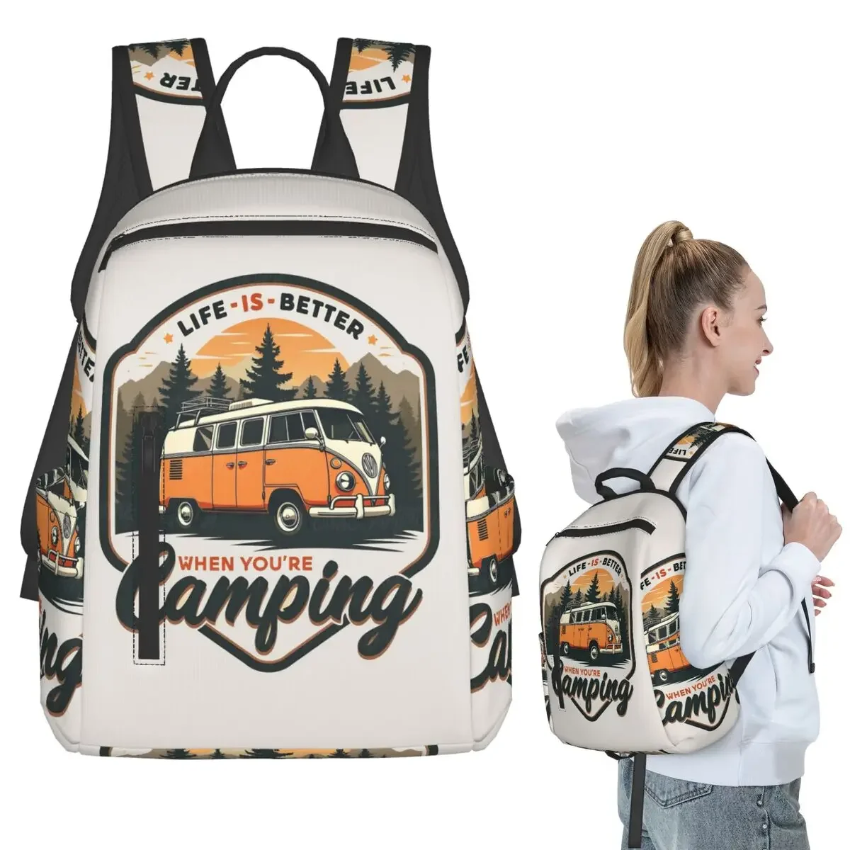 CamperVan Happy Camper Backpack Student BookBag Kids School Bag Computer Shoulder Bags Men Women