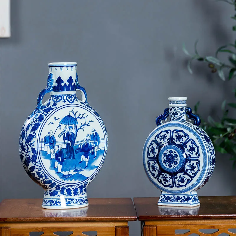 Blue White Flat Moon Shape Ceramic Vase Double Ear Chinese Style Floral Figure Pattern Tabletop Home Decor Ornament