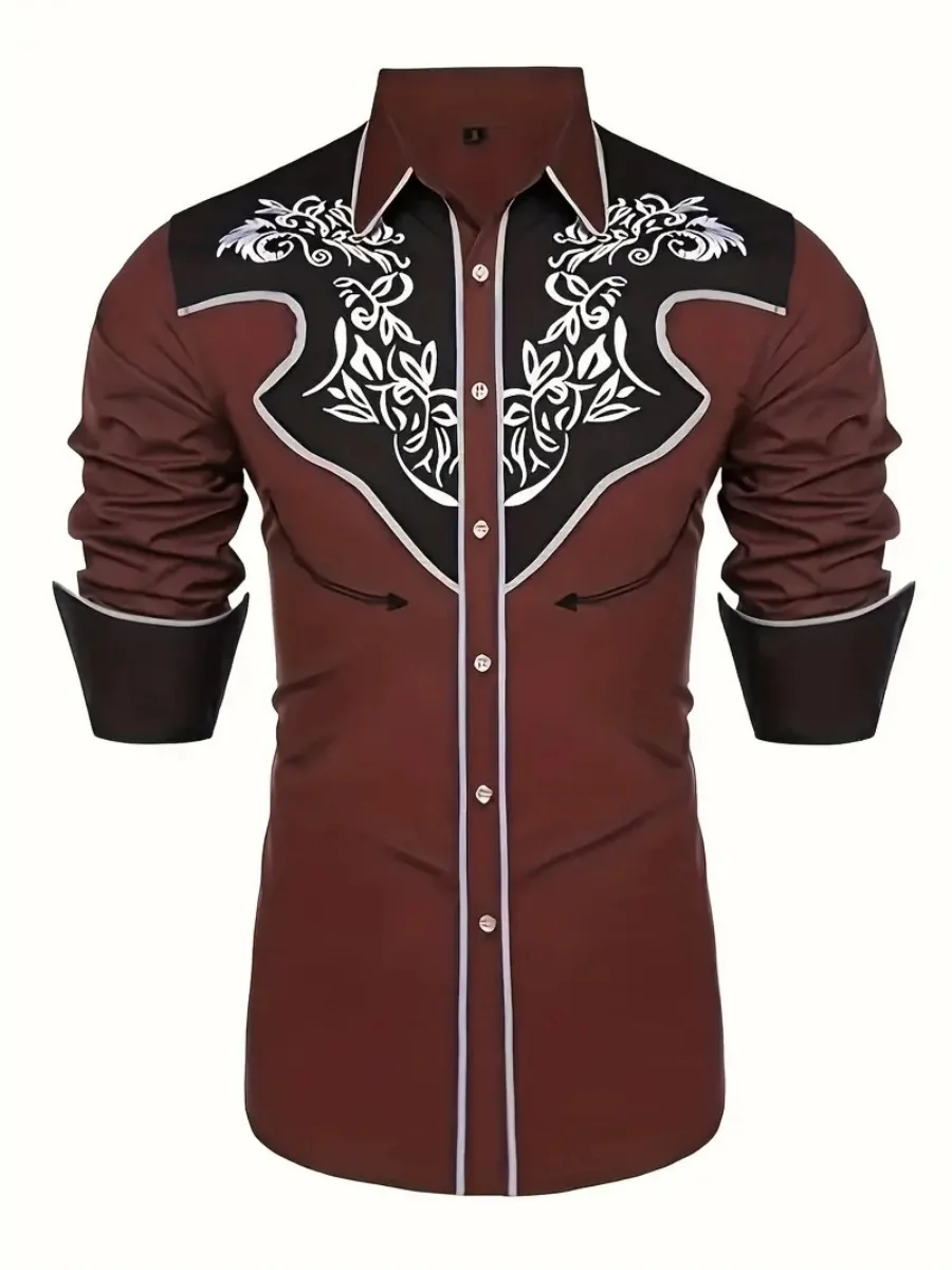 

New men's long-sleeved button-down shirt, casual streetwear, Western-style printed collar, social club attire
