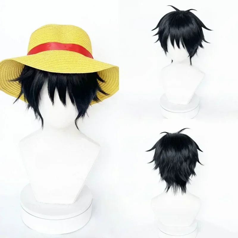 Peluca de Cosplay de Anime Monkey D. Luffy de alta calidad, pelo sintético corto negro resistente al calor, pelucas para fiesta de Halloween