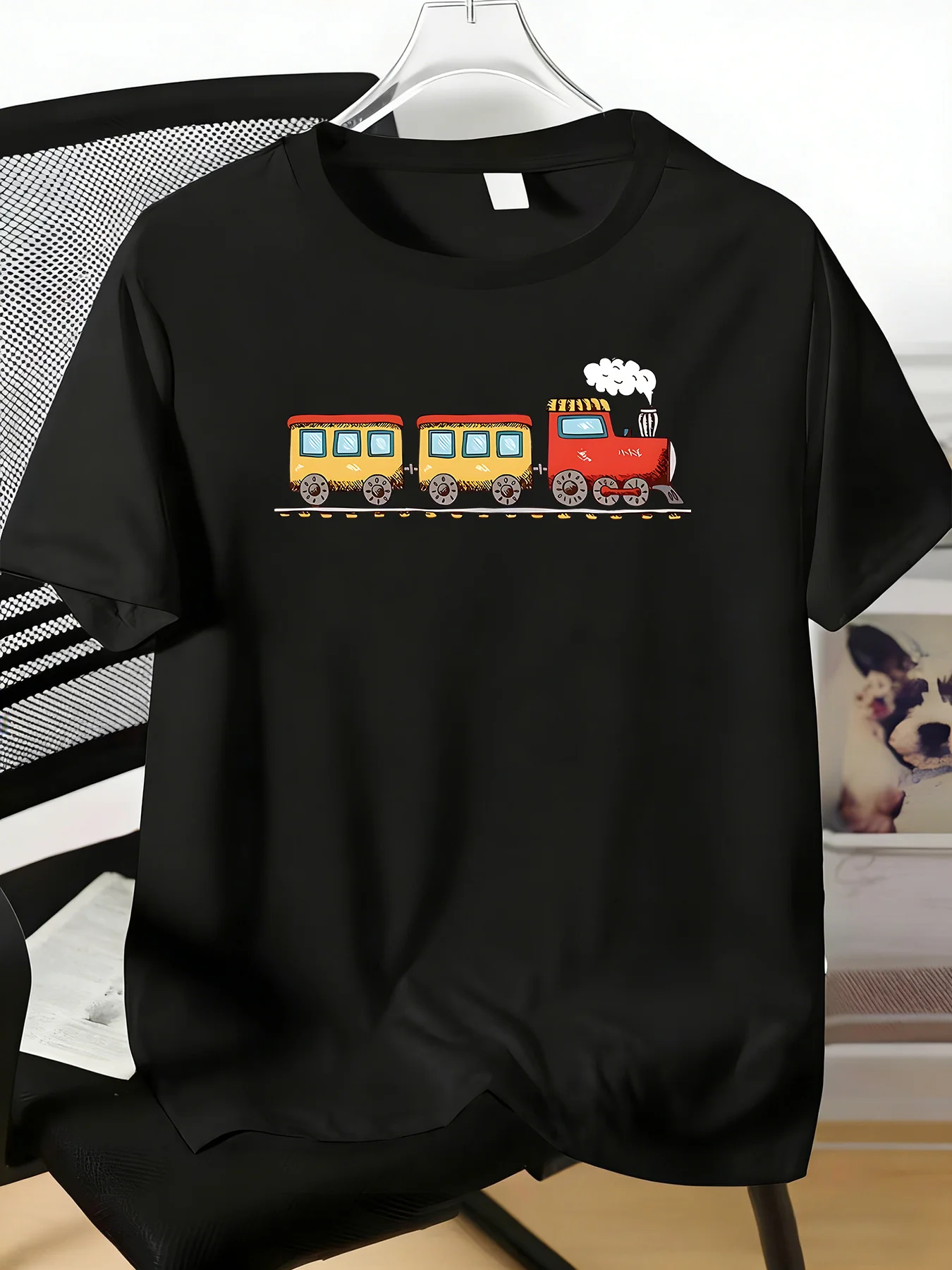 Colorful Vintage Steam Train Cartoon Graphic Mens Cotton Crew Neck Short Sleeve Tee Casual Summer Top For Railway Hobbyist Male