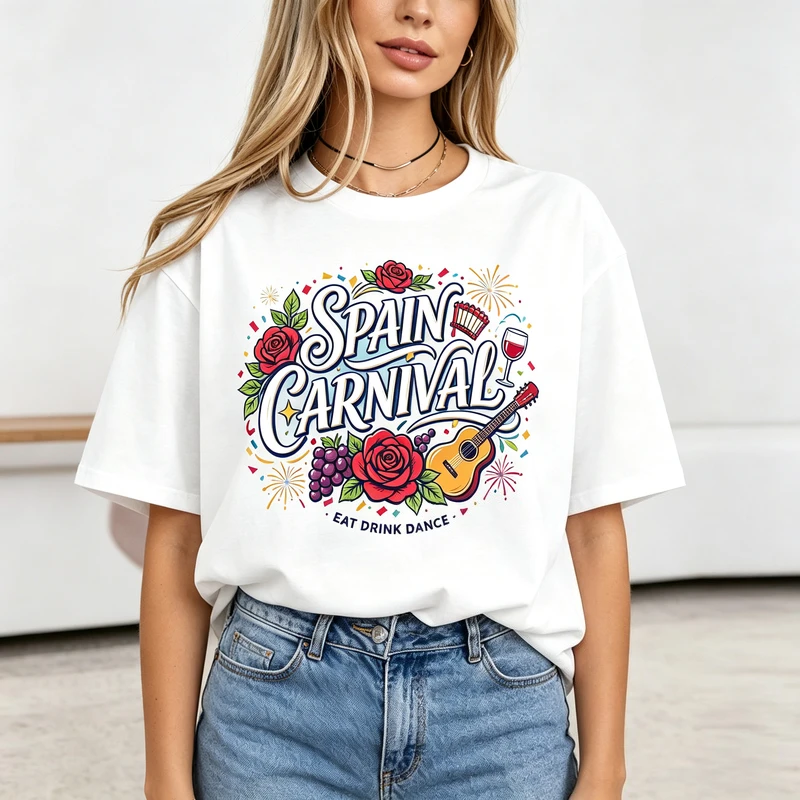Camiseta gráfica vintage de España con diseño de carnaval, comer, beber, bailar, vino rosado, guitarra, camiseta informal de verano, tops de moda para fiestas y vacaciones