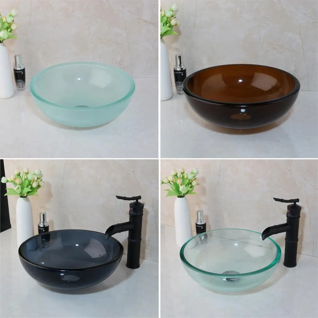 OUBONI Tempered Bathroom Glass Sink Round Sink Set 4 Colors Glass Sink ORB Bamboo Waterfall Bathroom Faucet Pop UP Drain