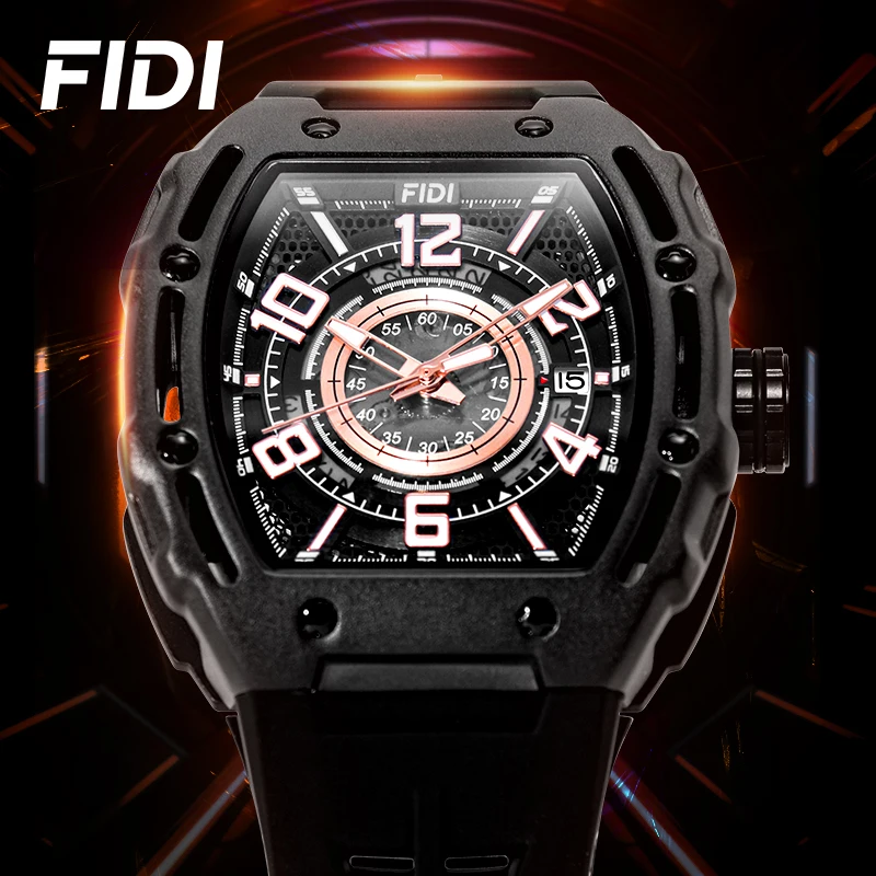 

FIDI Luxury Men's Mechanical Watch Hollow Dial Tourbillon Square Case Fashionable Business Sport Waterproof Automatic Watches