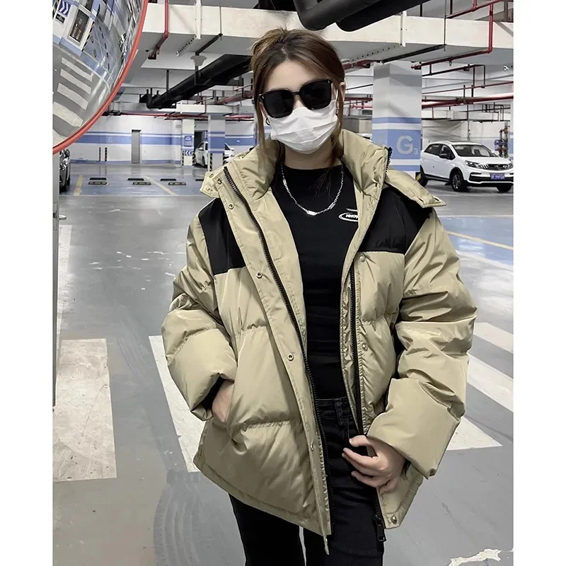 2023 Winter New Cotton-padded Jacket Women's Short Hooded Color Matching Korean Loose Thickened Couple Men's and Female Outwear