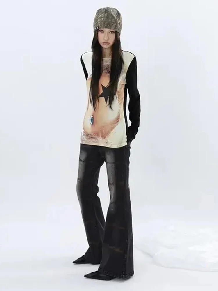 Punk Print Langarm T-shirt Frauen Harajuku Y2k Ästhetischen Schlank Top Retro Straße Würzige Mädchen Gothic Tees Grunge Kleidung