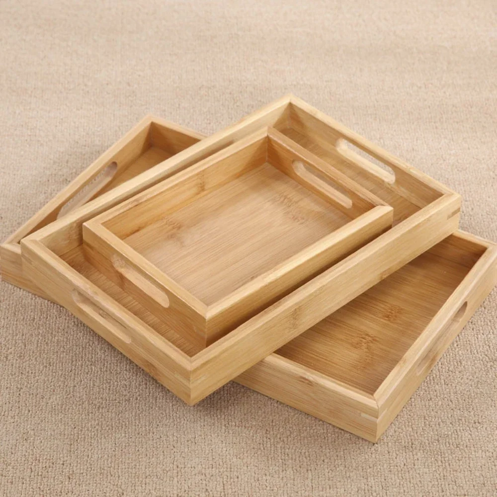 Bamboo tray 1PC wooden tray Tea tray tableware holder Fruit bread dessert tea food tray with handle rectangle