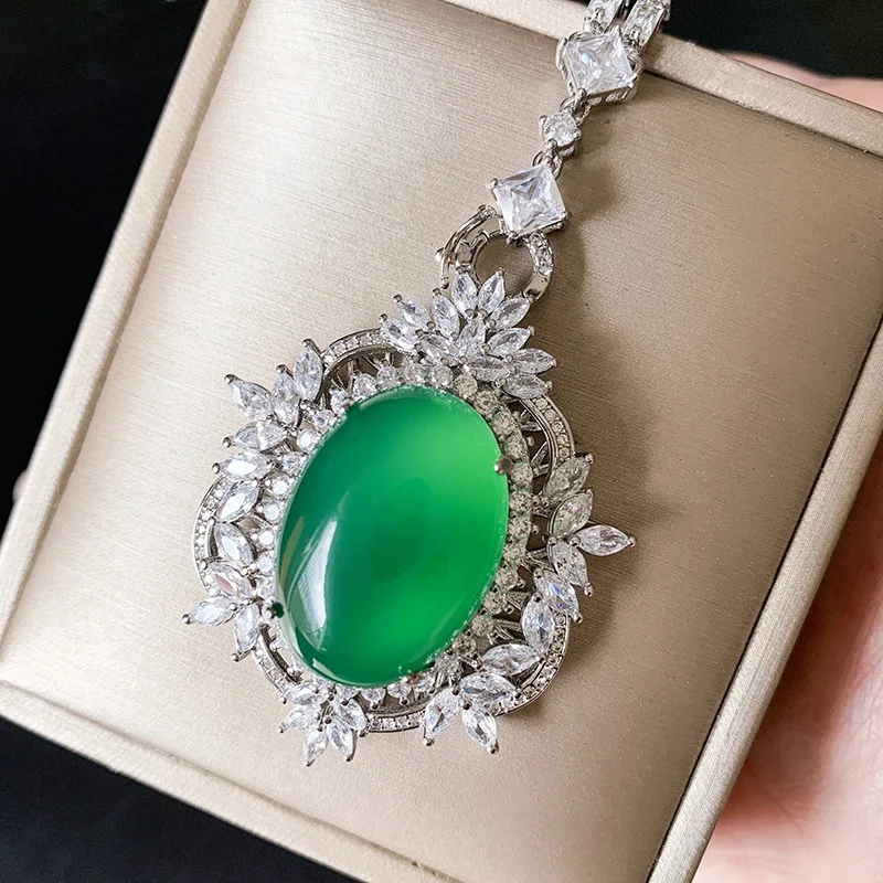 Jewelry Gold-Plated Internet Celebrity Hot Sale Retro Oval Green Chalcedony Plain Full Diamond Inlaid Set Main Stone