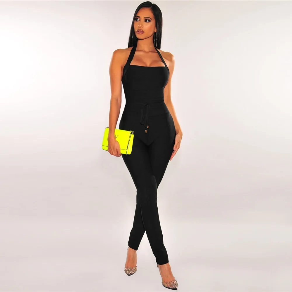 STOCK New Arrival Sleeveless Halter Package Hips Badycon Bandage Jumpsuit Fashion Woman High Street Wear Nightclub Party Outfit